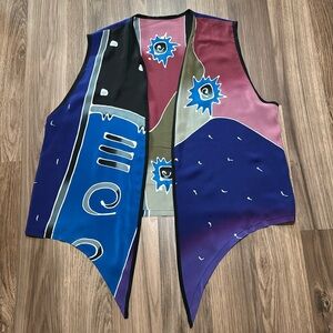 Shekina 100% Silk Handpainted Abstract Bohemian Multi Colored Open Front Vest M